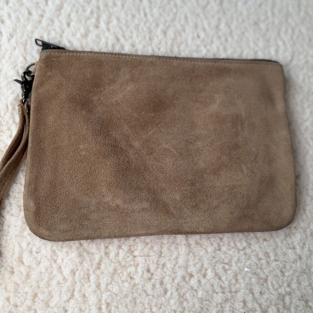 Jess Conte Tan Beige Suede Leather Clutch With Wrist Strap